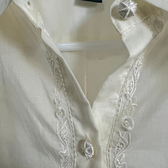 LAUREN Ralph Lauren Women’s White Embroidered Floral Trim Button Down Top Sz XL - Picture 6 of 11